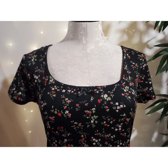 Vtg Justify Y2K Ditsy Dark Floral Ribbed Square Neck Bow Dress L Whimsigoth 90s - Picture 7 of 14